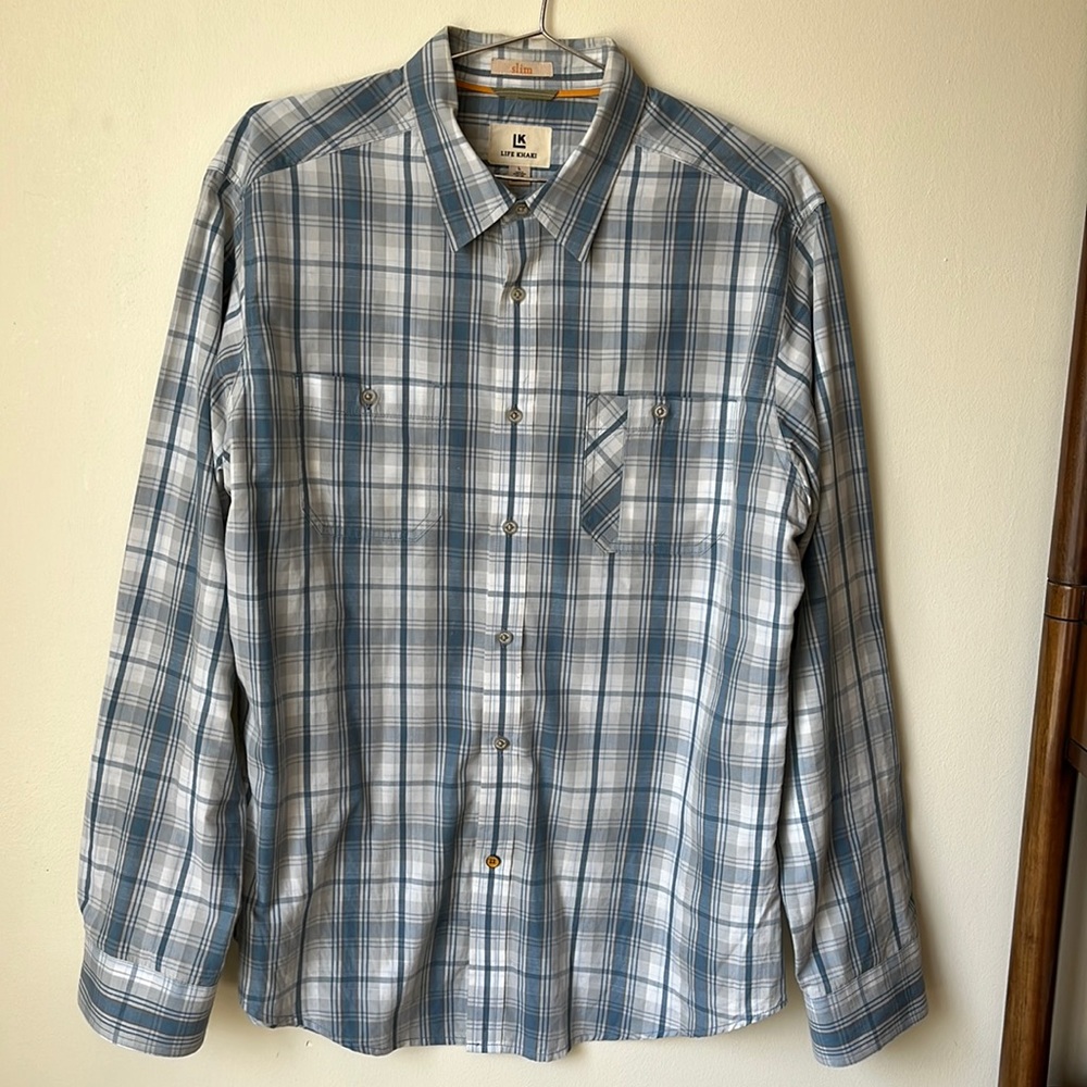 Life Khaki slim plaid button down shirt